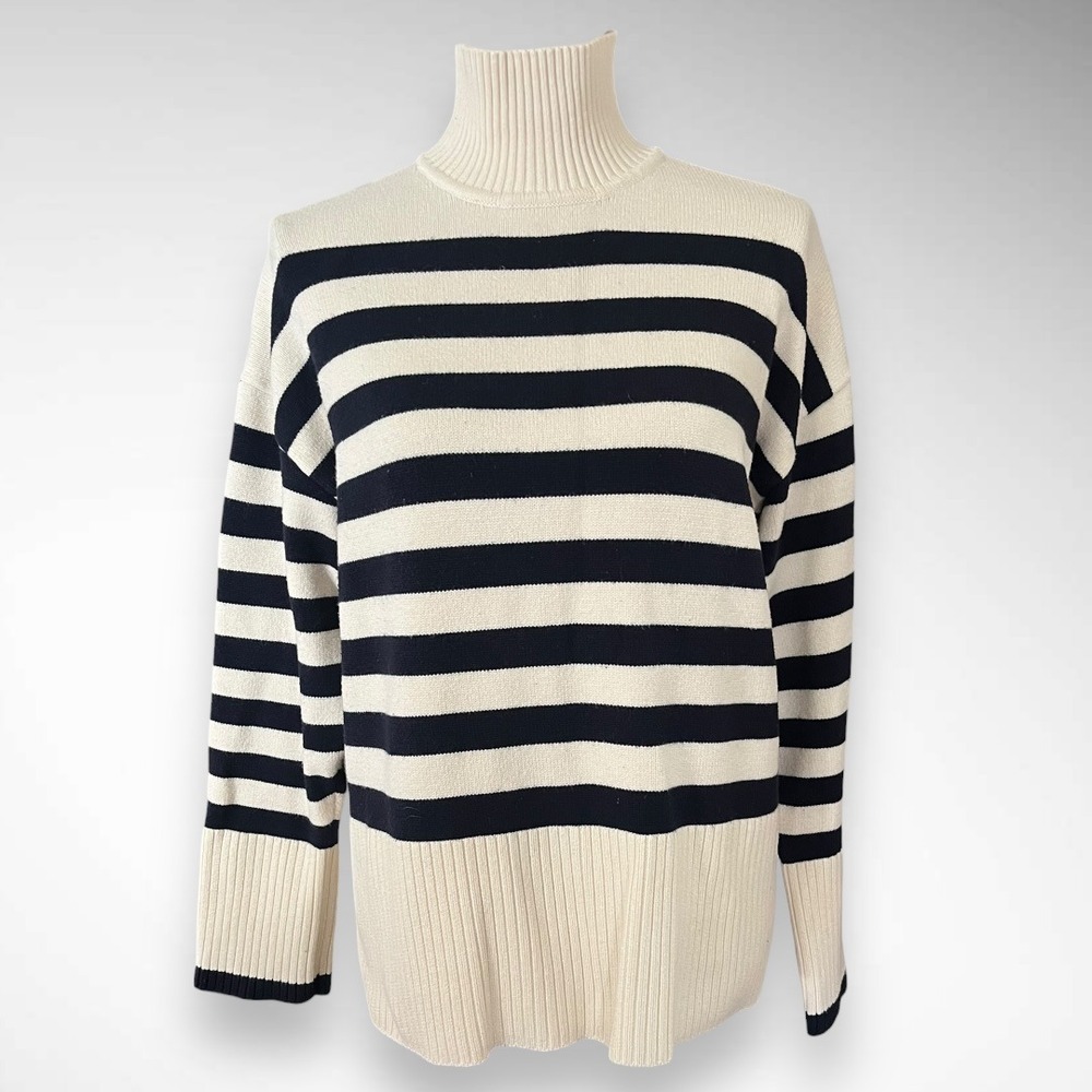 ZARA‎ Cream and Navy Striped Mock Neck Soft Oversized Long Sleeve Sweater | EUC